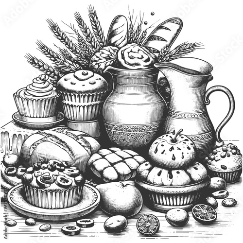  assortment of baked goods, fruit, and ornamental jugs, creating a rustic and nostalgic atmosphere sketch engraving generative ai vector illustration. Scratch board imitation. Black and white image.