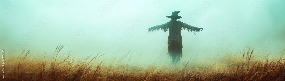 Obraz premium A mysterious scarecrow stands alone in a foggy field, creating an eerie atmosphere in nature's quiet surroundings.