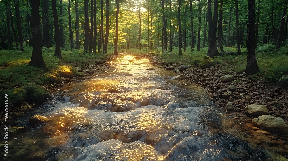 Fototapeta premium Lush Forest Stream Flowing Through Peaceful Wilderness Landscape