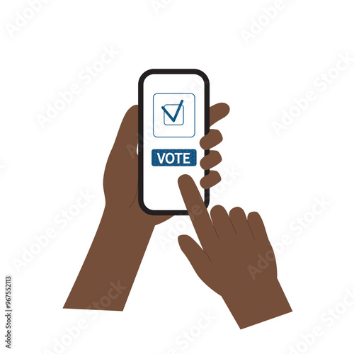 Illustration of hands voting on a smartphone screen with a checkmark and "VOTE" button