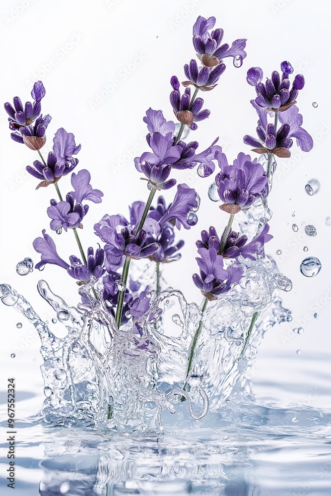 Obraz premium Lavender flowers creating splashing water drops on white background