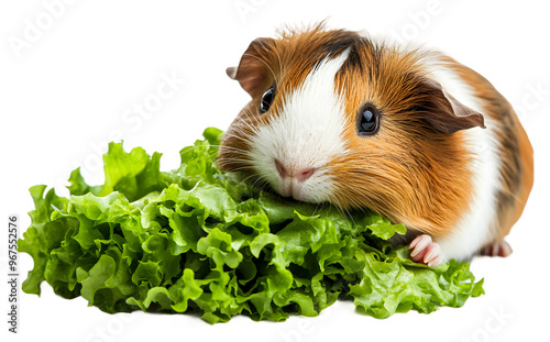 Guinea pig enjoying fresh lettuce in a bright, cozy setting isolated on transparent background photo