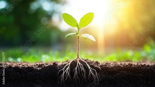 Young seedling emerging from dark soil, symbolizing growth, renewal, and nature's resilience in warm sunlight.