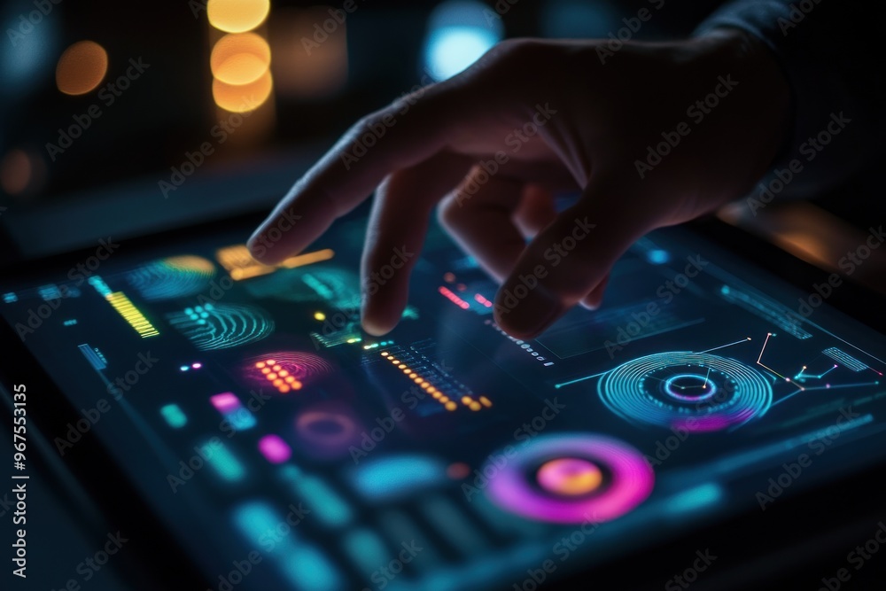 Obraz premium Digital Interface Interaction: A Finger Navigating Data