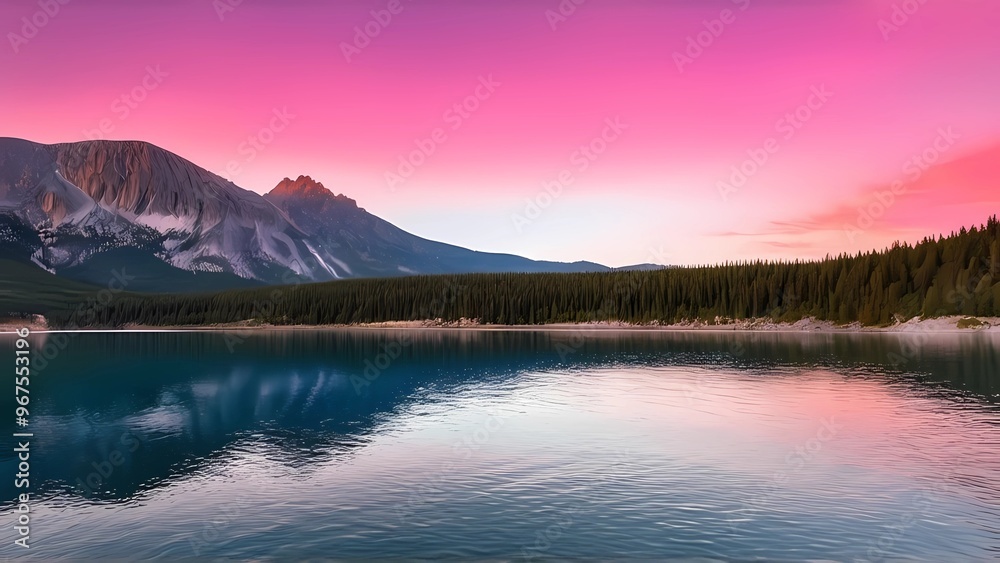 Obraz premium Scenic mountain landscape with tranquil water reflecting a vibrant pink sunset sky, breathtaking nature background