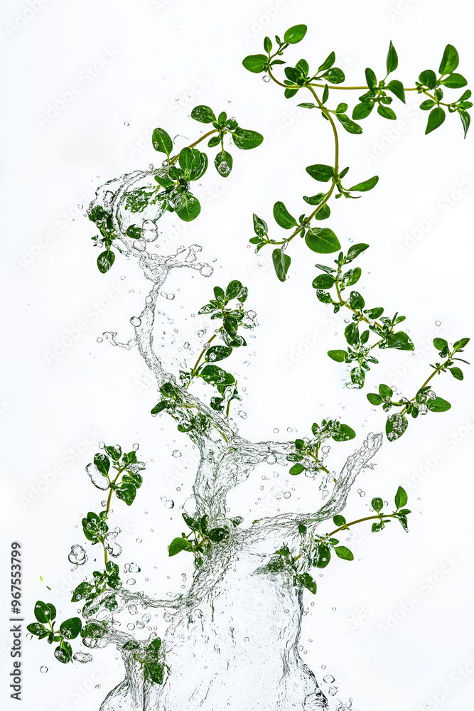 Fototapeta premium Fresh thyme sprigs being splashed with water on white background
