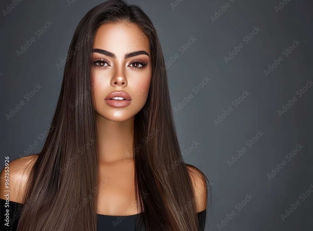 Fototapeta premium Beautiful long haired woman on a dark background. She has straight black hair