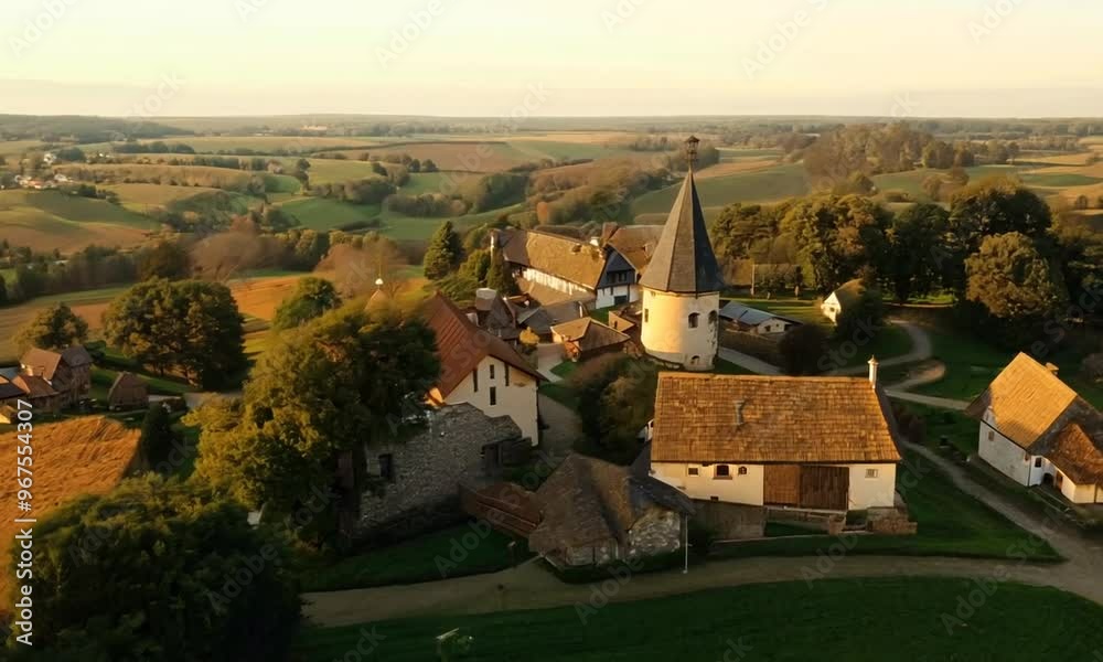 Drone shots of a serene rural village with traditional houses and rolling hills in the background Drone shots of a serene rural village with traditional houses and rolling hills in the background