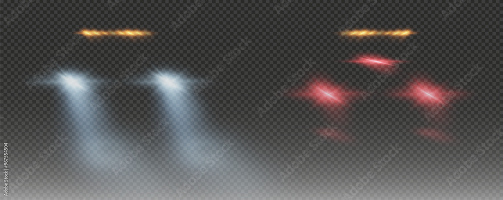 Realistic car headlights. Train moving effect, vector bright lights on transparent background png.	
