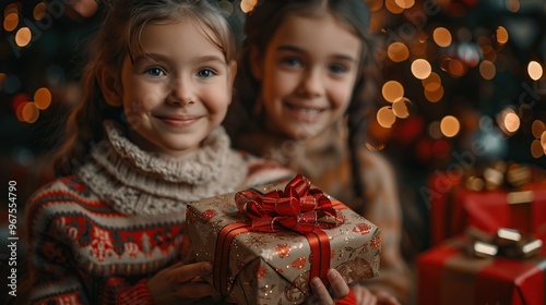 Happy family members exchanging gifts by the Christmas tree, their smiles radiating warmth and happiness. Christmas is about giving and sharing