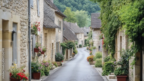 A French countryside village with stone houses, narrow streets, and blooming flowers