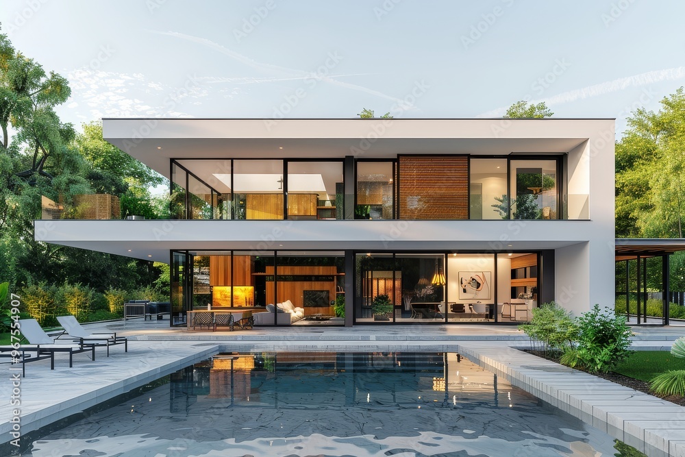 Fototapeta premium Modern house with swimming pool and garden, concrete walls, wooden window frames, white architecture, cinematic lighting, 3D rendering.