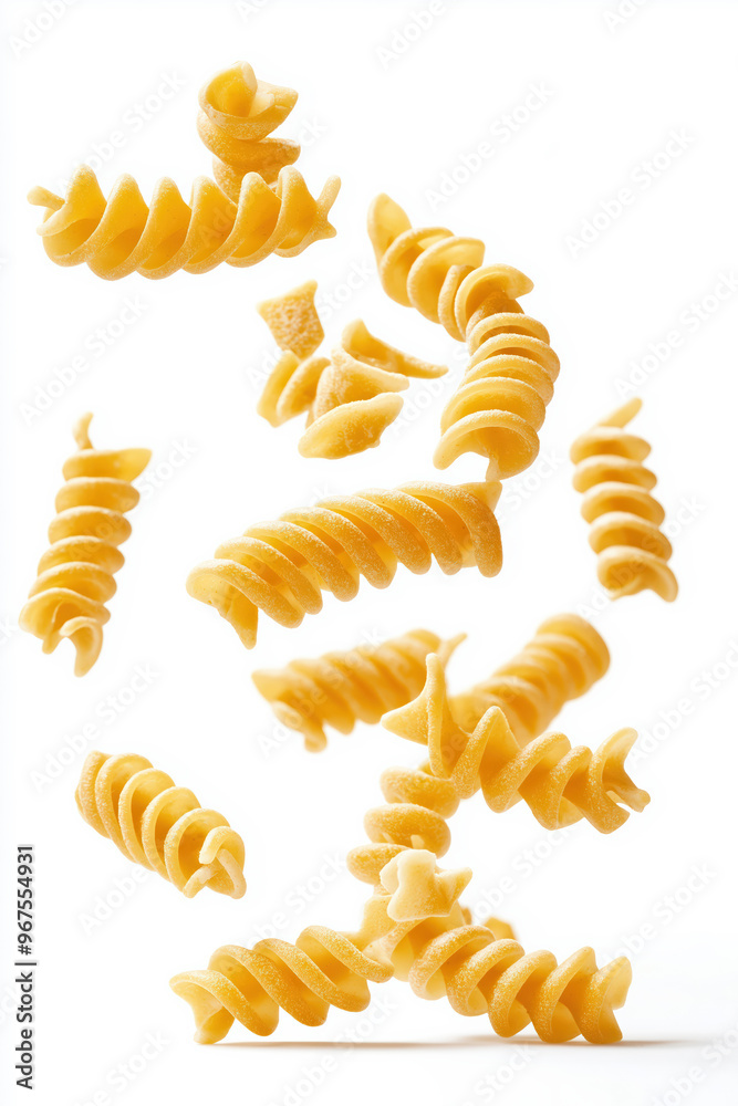 Naklejka premium Rotini pasta spirals falling on white background
