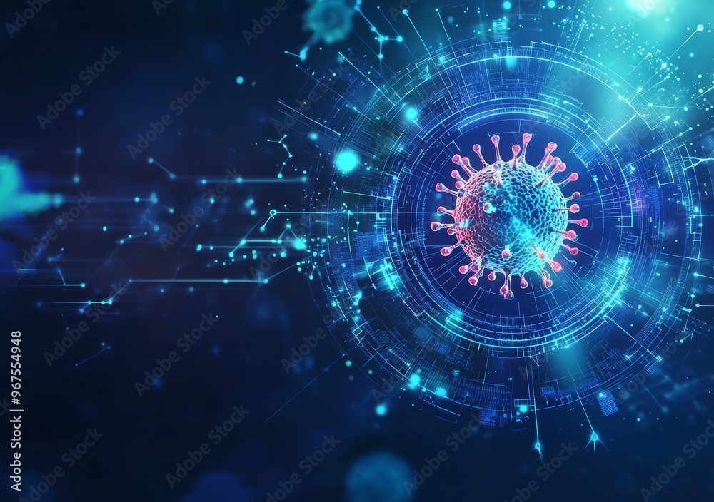 Obraz premium This is a futuristic medical graph on how to use the FUI HUD of Coronavirus disease COVID-19 infection. This is a 3D rendering of a screen showing the pathogen. The background is a technology