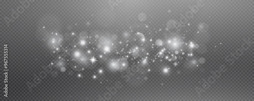 Christmas glowing bokeh confetti light and glitter texture overlay for your design. Festive sparkling white dust png. Holiday powder dust for cards, invitations, banners, advertising.