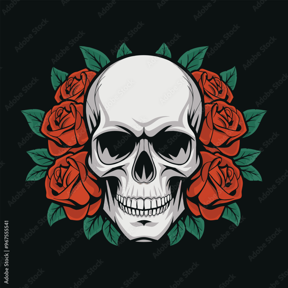 Human skull with intricate red roses and vibrant green leaves, arranged in a symmetrical wreath on a dark background. Human skull with intricate red roses and vibrant green leaves, arranged in a symmetrical wreath on a dark background.