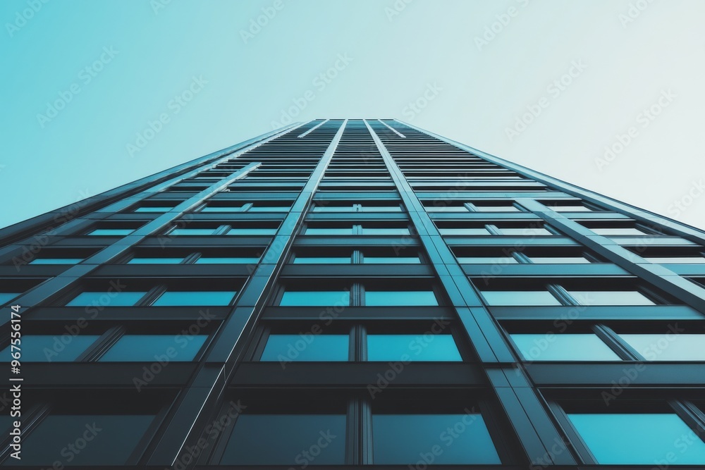 Factory office architecture exterior blue wall and windows with blue sky background, blank copy space for text Factory office architecture exterior blue wall and windows with blue sky background, blank copy space for text