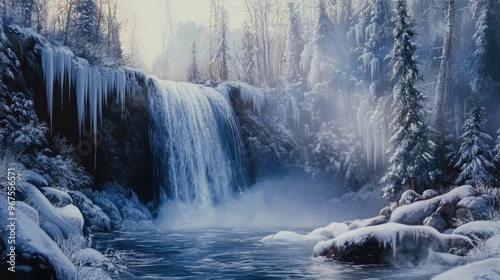 A frozen waterfall surrounded by icicles and snow-covered rocks in a serene winter forest.