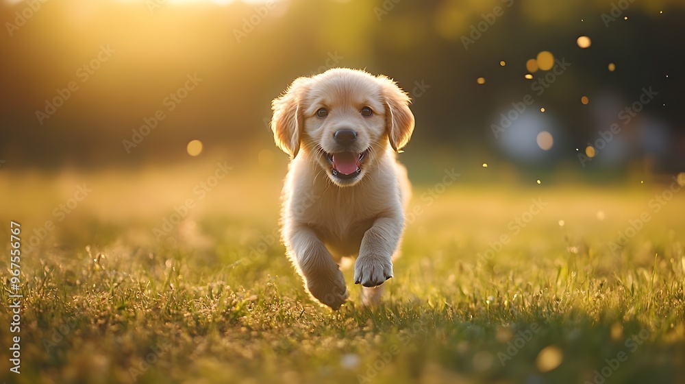 Energetic golden retriever puppy playfully running in sunny meadow Energetic golden retriever puppy playfully running in sunny meadow
