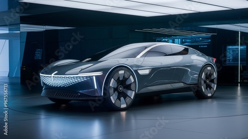 Futuristic Concept Car in High-Tech Showroom with Sleek Lighting