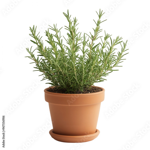 A potted rosemary plant with green leaves in a terracotta pot.