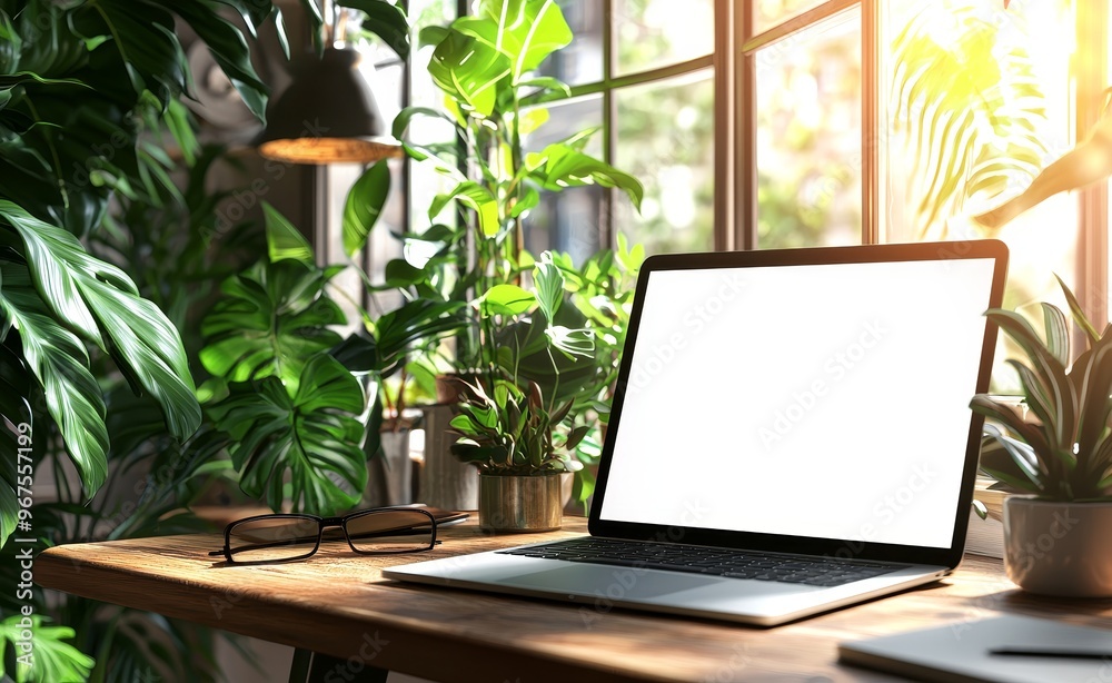 The background is blurred and the laptop screen is white, with a cup of coffee on the table and a potted plant of vibrant foliage. High definition photo. The background is blurred and the laptop screen is white, with a cup of coffee on the table and a potted plant of vibrant foliage. High definition photo.