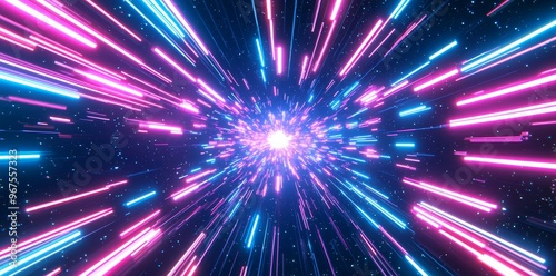 This abstract background in blue and purple neon glow colors represents the speed of light in galaxy and explosion in universe. It can be used for an event, party, carnival, celebration, anniversary, photo