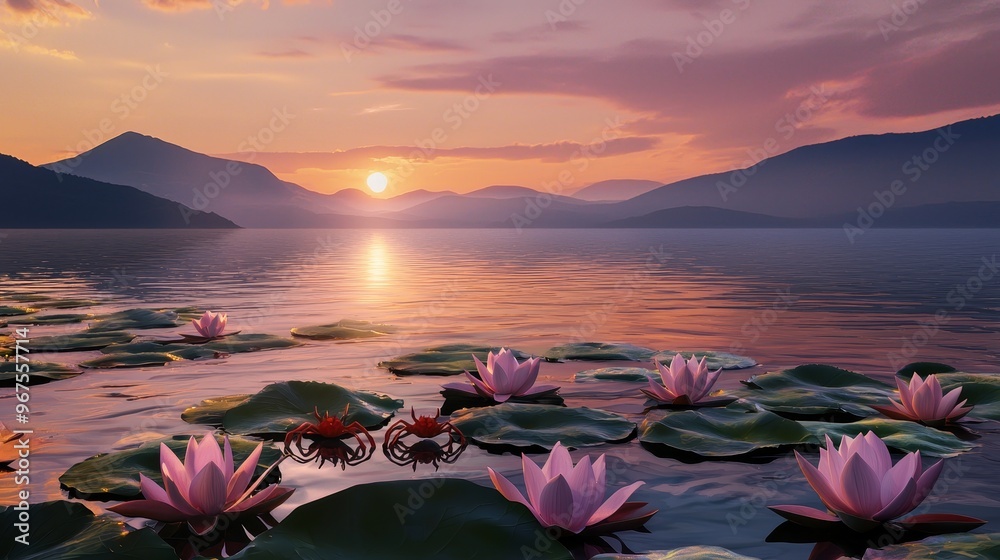 Sunrise over lily pads and lotus flowers in a lake Sunrise over lily pads and lotus flowers in a lake