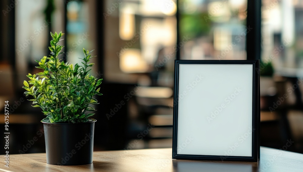 Black Frame and Green Plant on a Wooden Table Black Frame and Green Plant on a Wooden Table