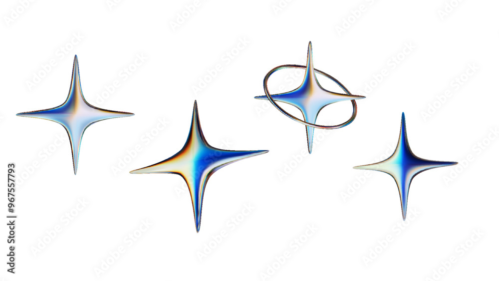 3D render holographic abstract chrome stars. Set vector 3D shapes 3D render holographic abstract chrome stars. Set vector 3D shapes