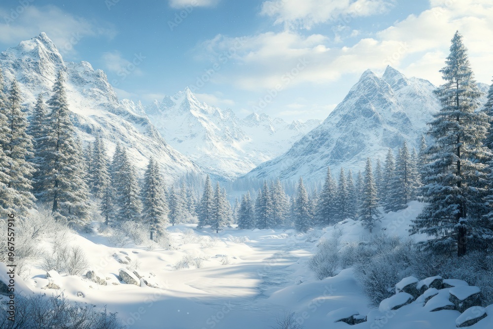 custom made wallpaper toronto digitalSnow-Covered Mountains and a Winding Stream in a Wintery Forest