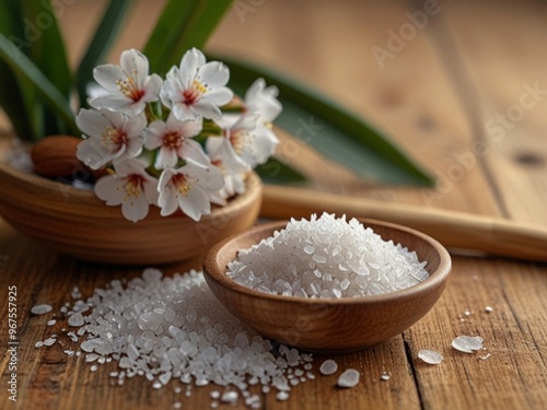 A close-up view of healthy sea salt accompanied by an almond tree branch, set against a bamboo backdrop. AI generated.