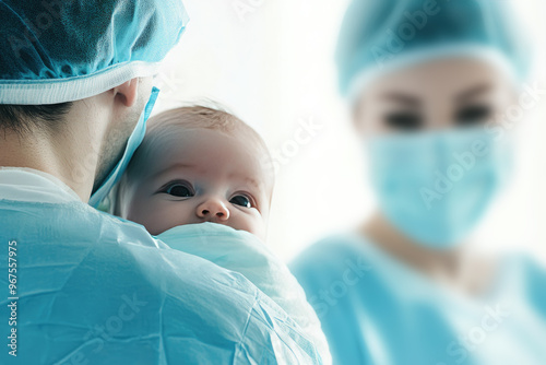 Surgeon is holding a newborn baby wearing a surgical mask. With a surgical nurse looking on in the background. This image evokes feelings of safety. Care. And professionalism in a hospital setting