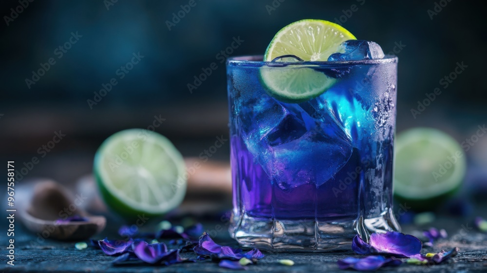 A glass of deep blue butterfly pea tea, with a slice of lime that turns the drink into a vivid A glass of deep blue butterfly pea tea, with a slice of lime that turns the drink into a vivid