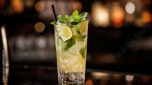 A cocktail glass with a refreshing mojito, garnished with fresh mint leaves and lime slices.