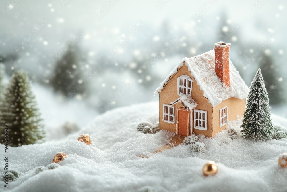 Miniature Cardboard House in a Snowy Winter Scene Miniature Cardboard House in a Snowy Winter Scene
