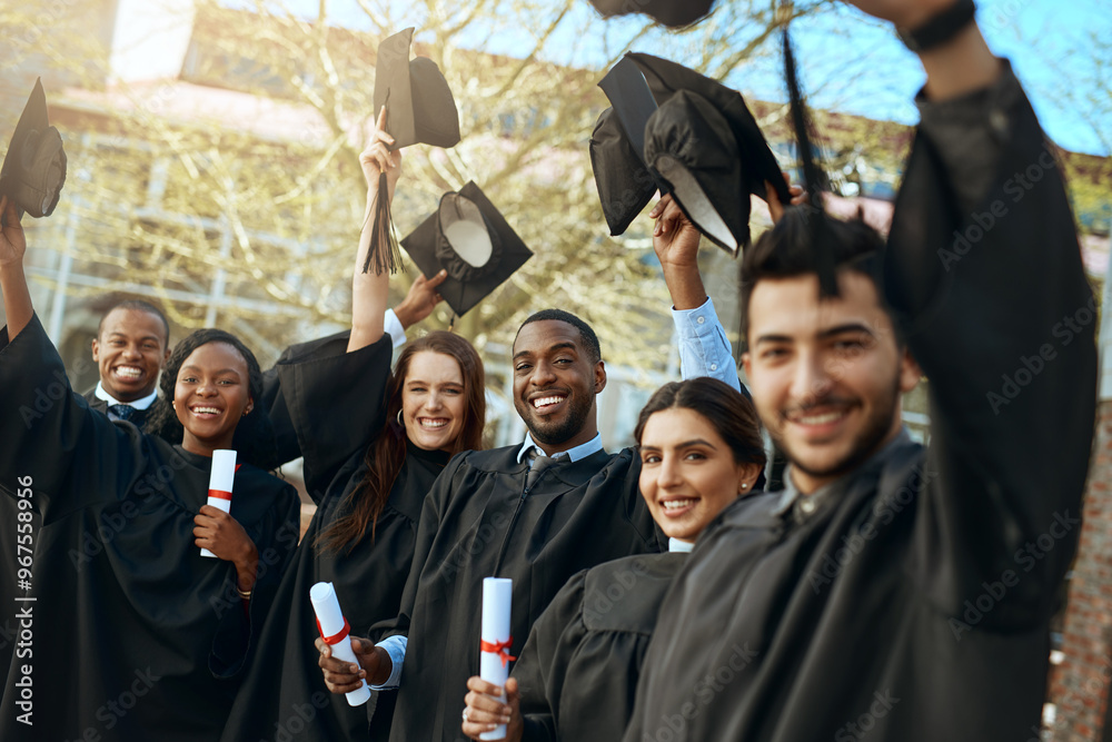 Obraz premium Portrait, students and hats for graduation celebration, education achievement and diploma success. Excited, people and tassel for certificate, graduate together and learning goals for campus ceremony