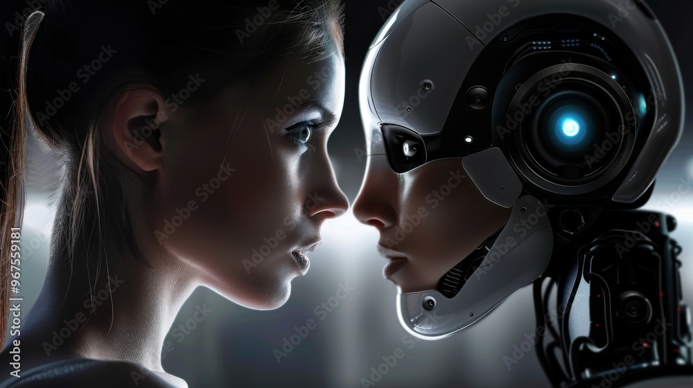 woman and a humanoid robot examining each other with a curious gaze woman and a humanoid robot examining each other with a curious gaze