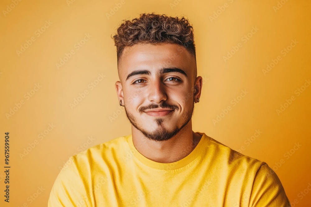 Young, curly-haired man wearing a yellow shirt against a bright yellow background, conveying a vibrant and cheerful mood, ideal for lifestyle images Young, curly-haired man wearing a yellow shirt against a bright yellow background, conveying a vibrant and cheerful mood, ideal for lifestyle images
