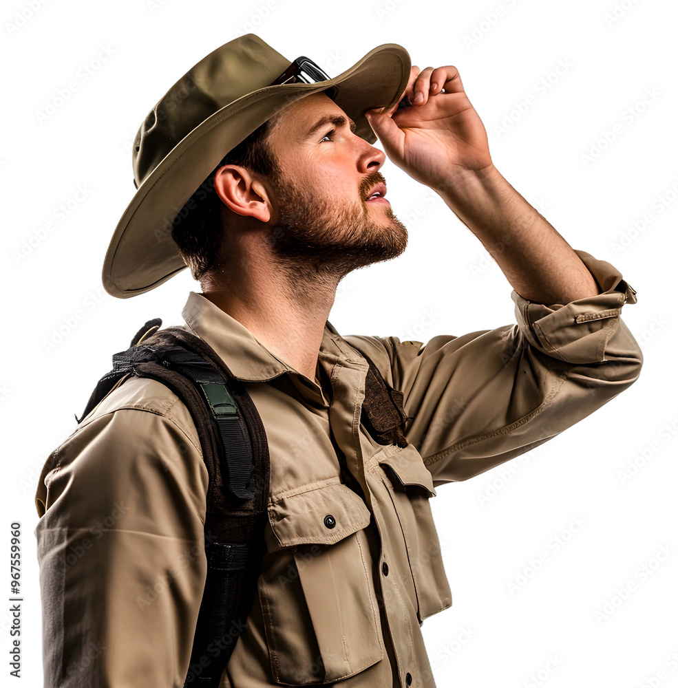 Outdoor adventurer adjusting hat while exploring a bright landscape isolated on transparent background Outdoor adventurer adjusting hat while exploring a bright landscape isolated on transparent background