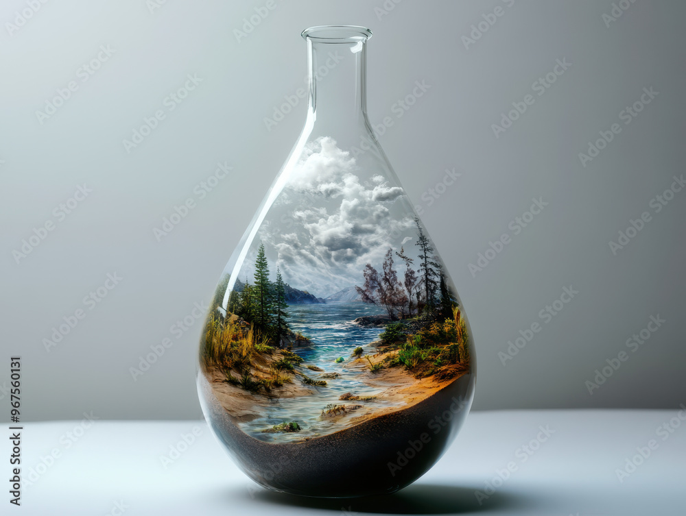 A stunning boiling flask filled with miniature ecosystem, showcasing serene landscape with trees, river, and dramatic clouds. This unique art piece captures beauty of nature in glass vessel A stunning boiling flask filled with miniature ecosystem, showcasing serene landscape with trees, river, and dramatic clouds. This unique art piece captures beauty of nature in glass vessel