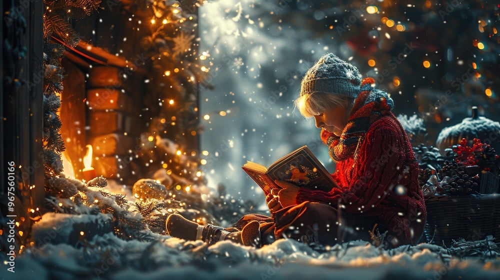 A grandmother reading a story to her grandchild by the fireplace, sharing moments of love and happiness in the new year A grandmother reading a story to her grandchild by the fireplace, sharing moments of love and happiness in the new year