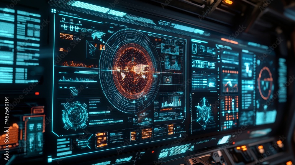 Futuristic Spaceship Cockpit with Digital Interfaces, World Map, Data Charts, and HUD Elements Futuristic Spaceship Cockpit with Digital Interfaces, World Map, Data Charts, and HUD Elements