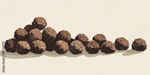 Truffles stacked in a staggered formation along the left side, food illustration photo