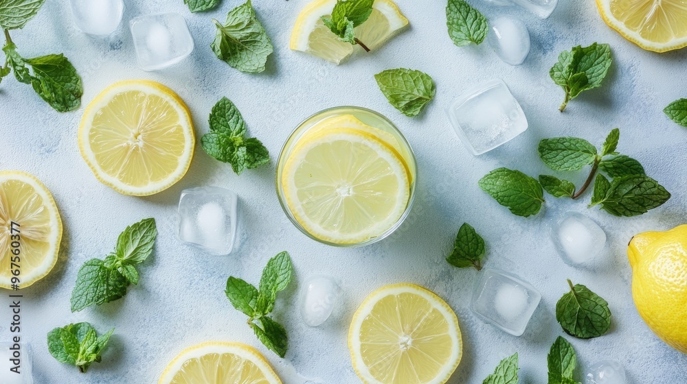 A flat lay of fresh mint leaves, lemon slices, and ice cubes, ready for making a refreshing drink.