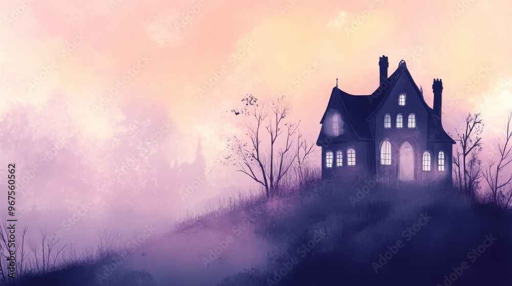 A mystical silhouette of a house against a dreamy pastel sky, surrounded by mist, perfect for evoking a sense of mystery. A mystical silhouette of a house against a dreamy pastel sky, surrounded by mist, perfect for evoking a sense of mystery.