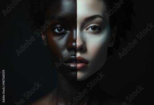 A black woman divided in half, one side showcasing striking albinism while the other remains deep black