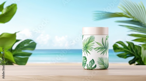 Stylish tropical tumbler on a beachside table with a vibrant ocean backdrop, perfect for refreshing drinks under the sun.