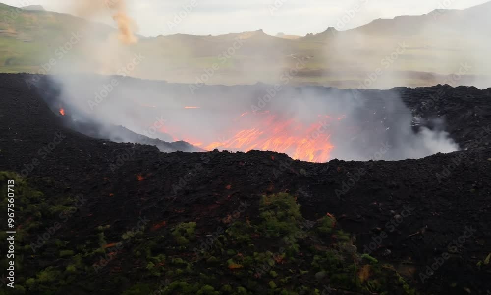 A volcanic eruption with lava and ash spewing out violently and covering the surrounding area A volcanic eruption with lava and ash spewing out violently and covering the surrounding area