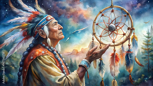 Native American elder holding a dreamcatcher with a mystical background at night